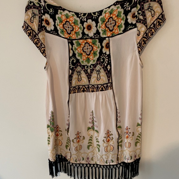 Anthropologie White Tunic with Black Fringe tapestry pattern XS NWOT - Picture 6 of 9